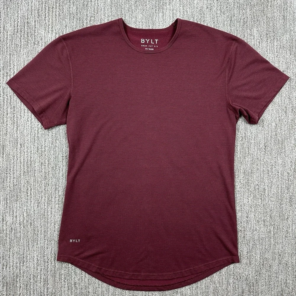 BYLT drop cut short sleeve lux crewneck Striped maroon shirt men's L performance